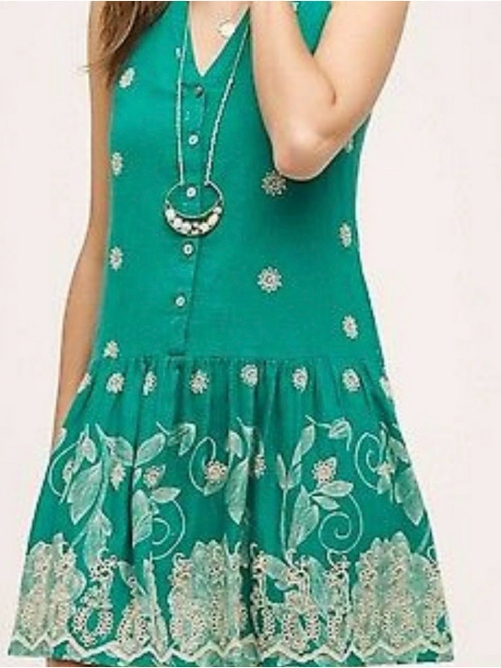 Anthropologie Maeve Green Pippa Eyelet Embroidered Swing Dress Boho Cottage S